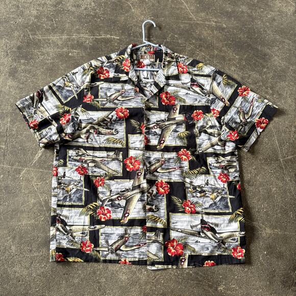 Vintage Kalaheo Hawaiian Shirt Mens 2XL XXL Black Pearl Harbor Airplane WWII - Picture 1 of 9